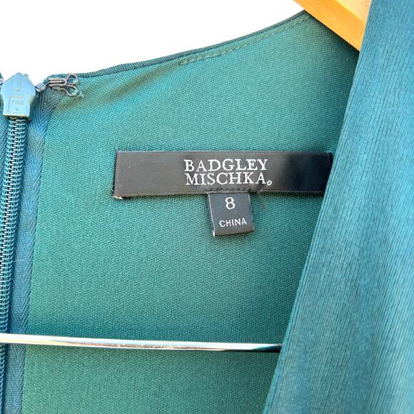 Badgley Mischka Slinky Satin Draped Midi Wrap Cocktail Dress Emerald Green 8 - Picture 7 of 12